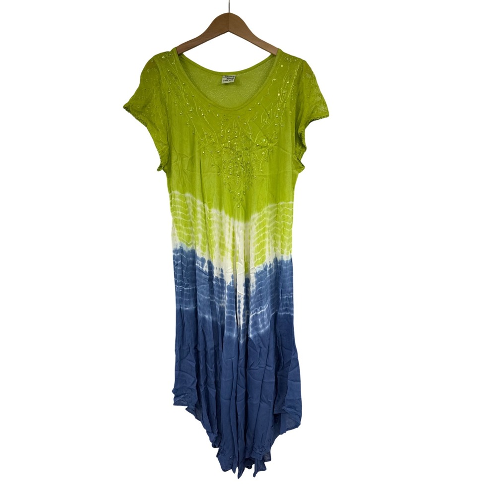 Bohemian embroidered Green Blue Tie Dye Cotton Sequin Handkerchief Hem Dress OS